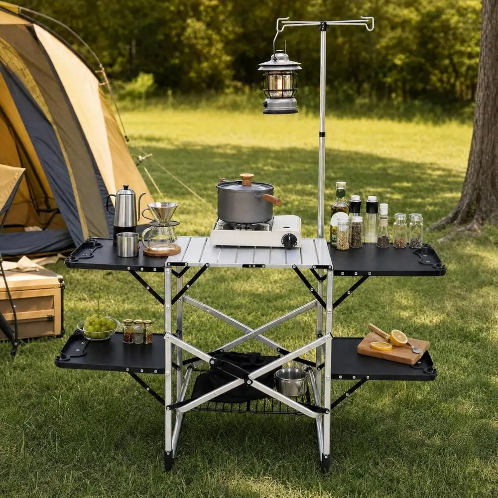 Outdoor Camping Table With Storage - 내열성 상판, 4개의 사이드 테이블, 수납공간,