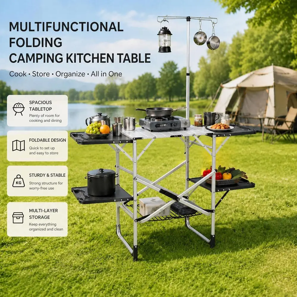 내열성 상판, 4개의 사이드 테이블, 수납공간, 램프  - Outdoor Camping Table With Storage 리뷰 및 가격